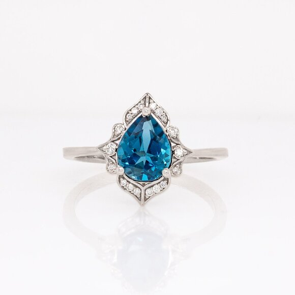 1.75cts London Blue Topaz Ring in Solid 14K White Gold with Natural Diamonds - Picture 5 of 8